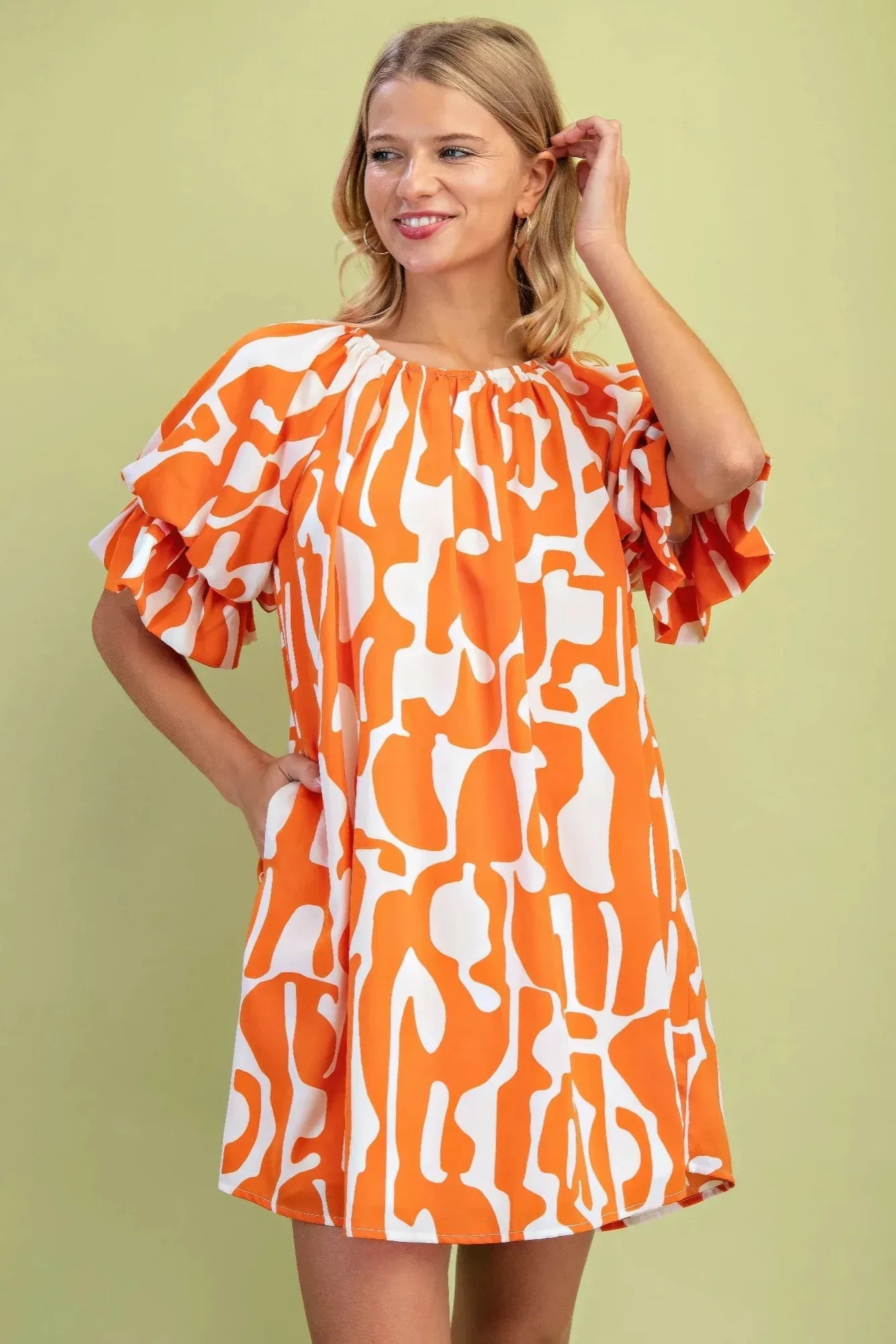 Geometric Print Loose Fit Mini Dress With Gathered Balloon Sleeves | Mixtshop LLC