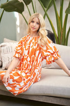 Geometric Print Loose Fit Mini Dress With Gathered Balloon Sleeves | Mixtshop LLC