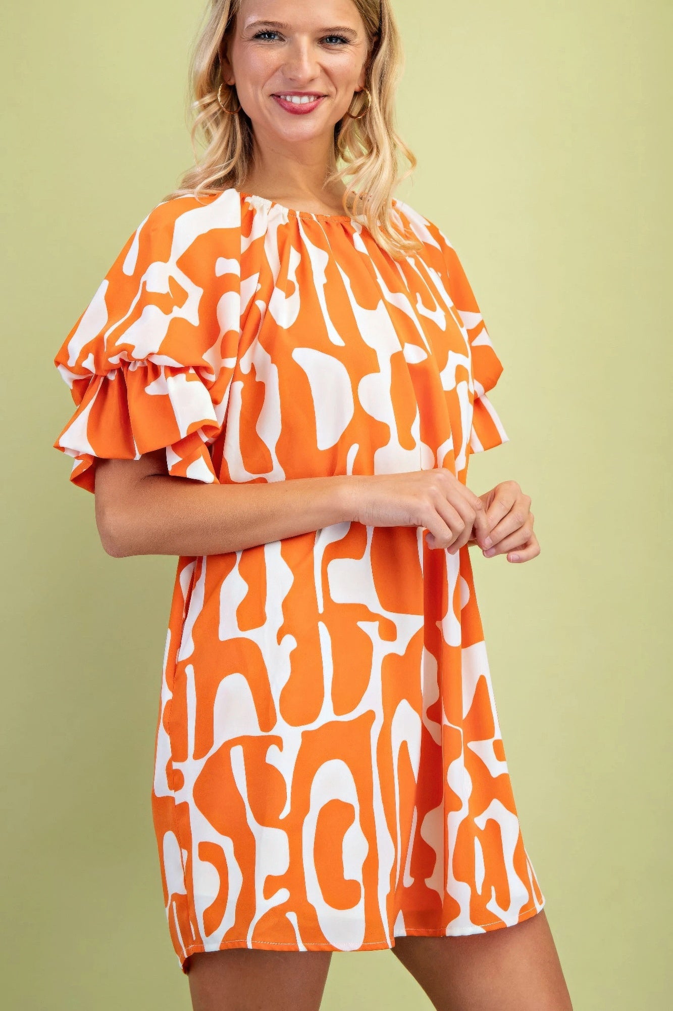 Geometric Print Loose Fit Mini Dress With Gathered Balloon Sleeves | Mixtshop LLC