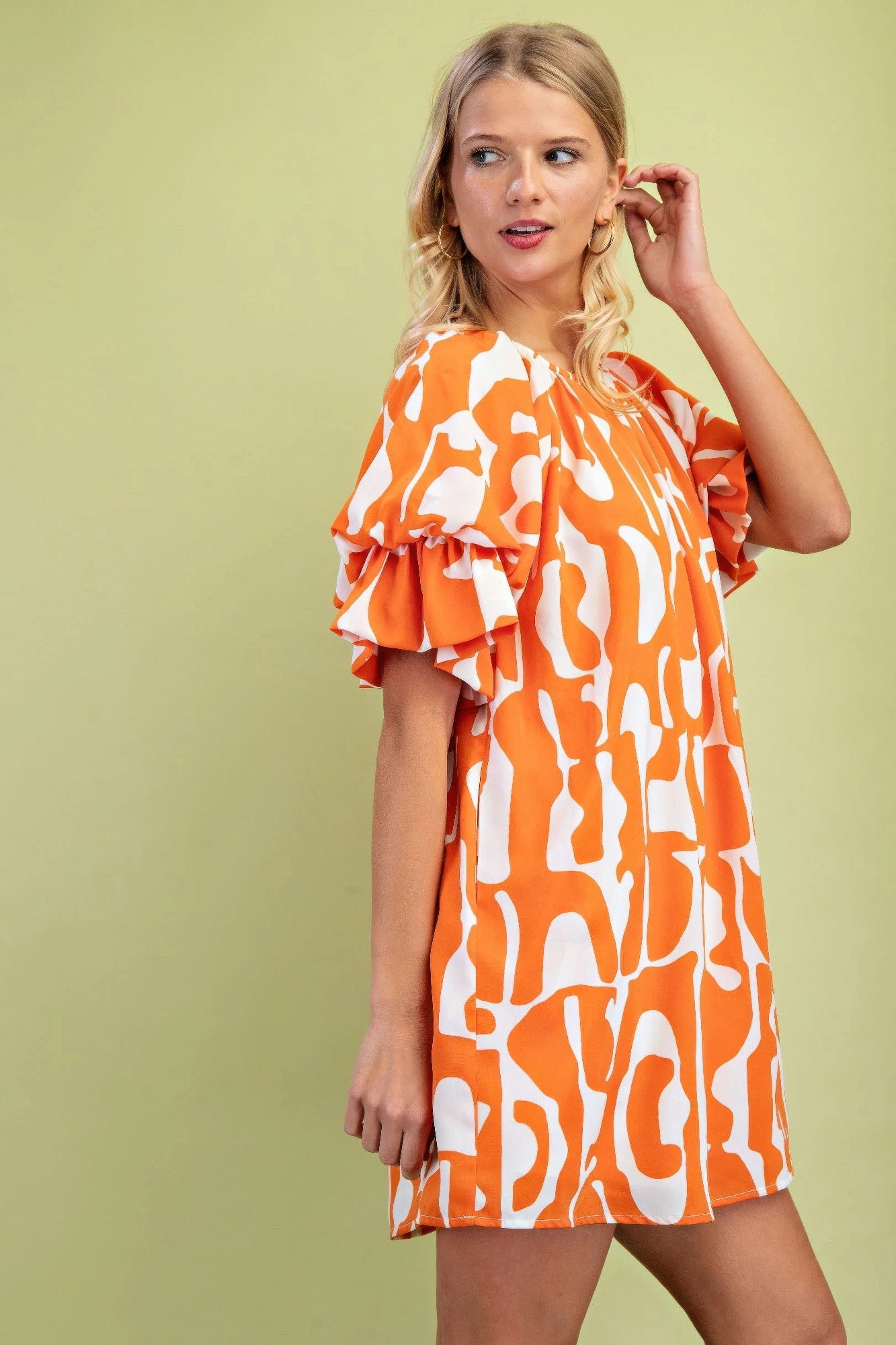 Geometric Print Loose Fit Mini Dress With Gathered Balloon Sleeves | Mixtshop LLC