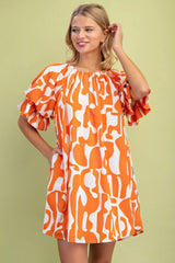 Geometric Print Loose Fit Mini Dress With Gathered Balloon Sleeves | Mixtshop LLC