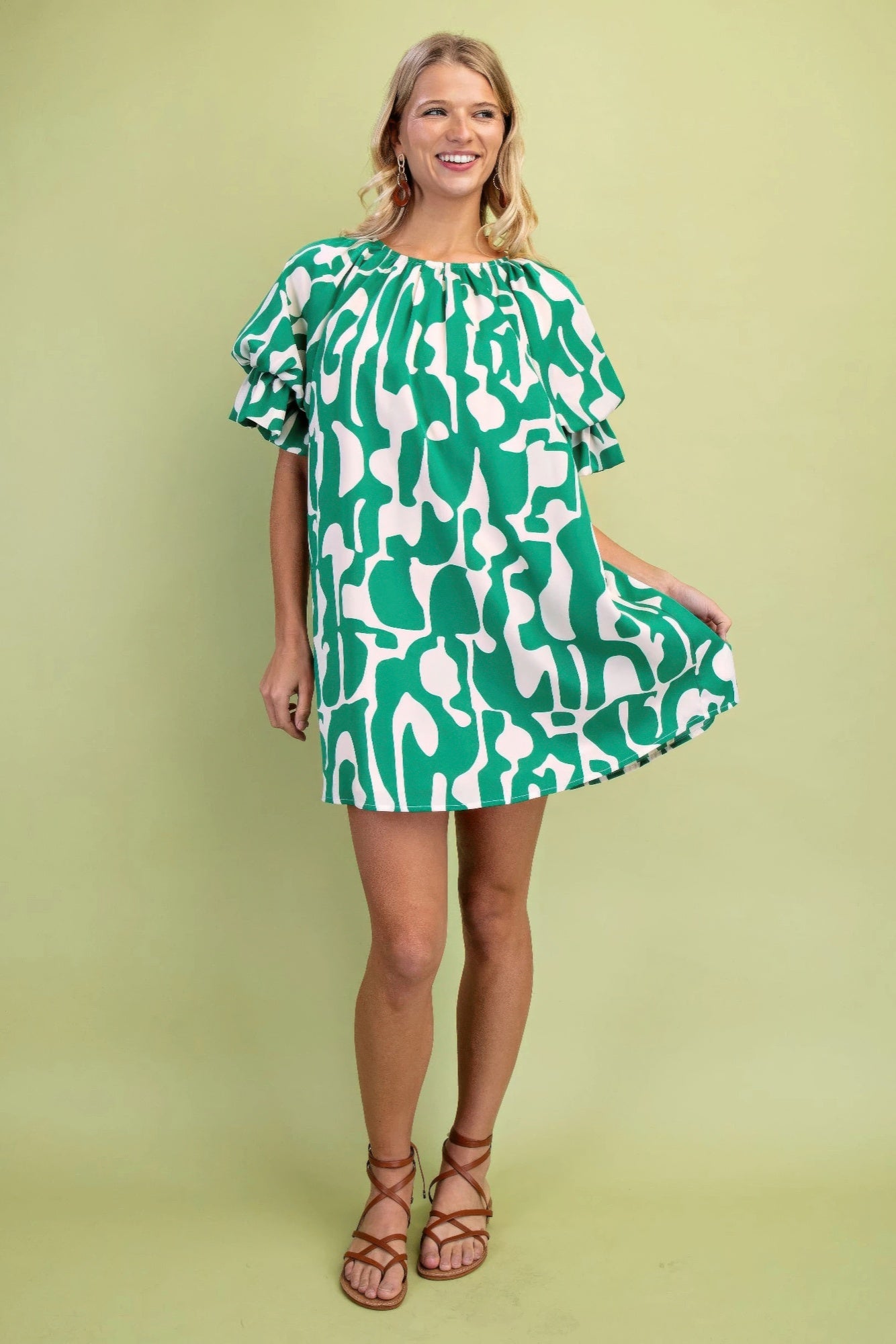 Geometric Print Loose Fit Mini Dress With Gathered Balloon Sleeves | Mixtshop LLC