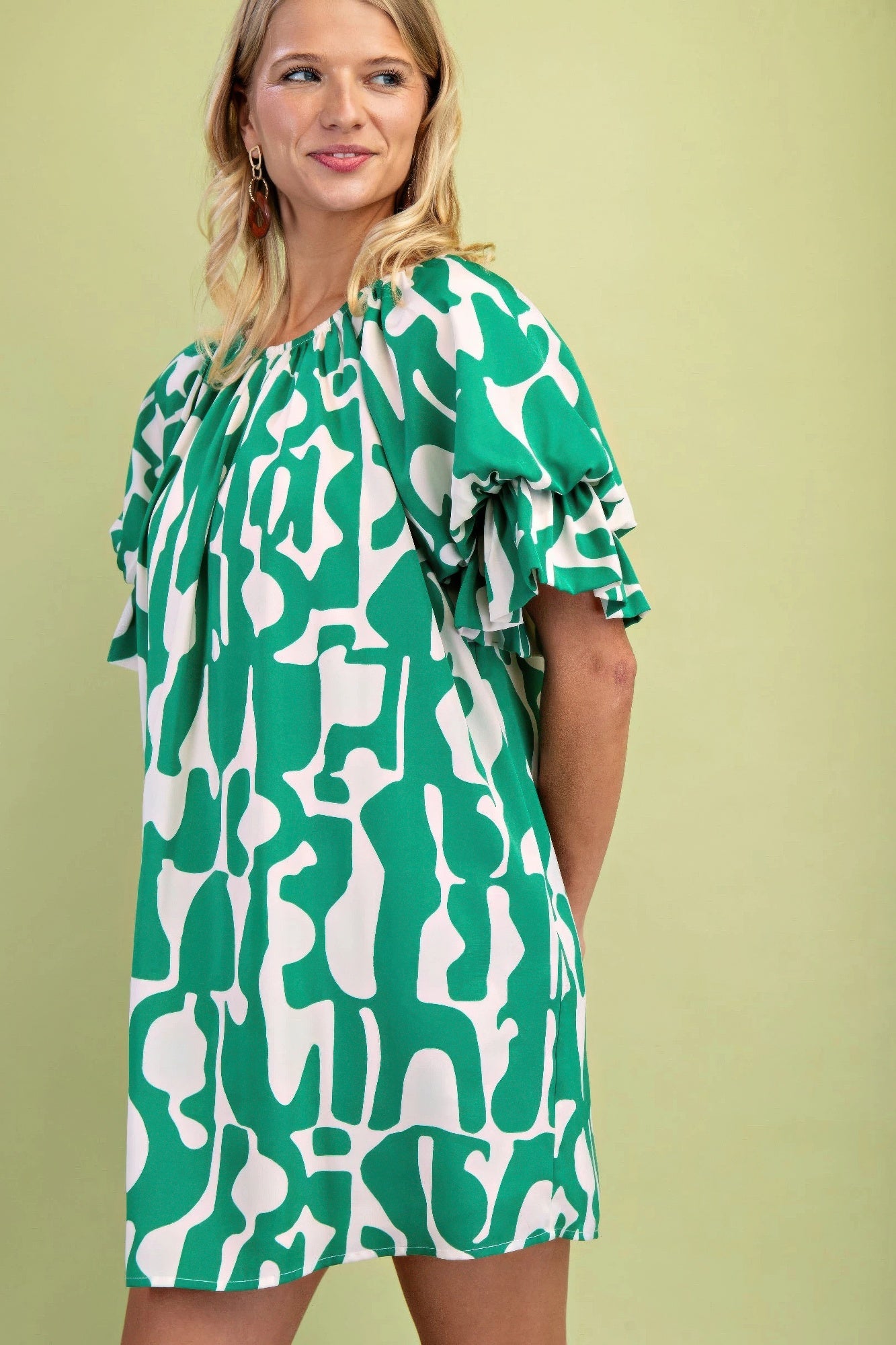 Geometric Print Loose Fit Mini Dress With Gathered Balloon Sleeves | Mixtshop LLC