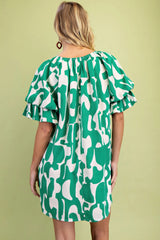 Geometric Print Loose Fit Mini Dress With Gathered Balloon Sleeves | Mixtshop LLC