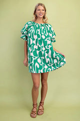 Geometric Print Loose Fit Mini Dress With Gathered Balloon Sleeves | Mixtshop LLC