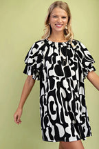 Geometric Print Loose Fit Mini Dress With Gathered Balloon Sleeves | Mixtshop LLC