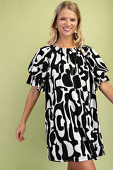 Geometric Print Loose Fit Mini Dress With Gathered Balloon Sleeves | Mixtshop LLC