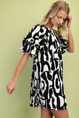 Geometric Print Loose Fit Mini Dress With Gathered Balloon Sleeves | Mixtshop LLC