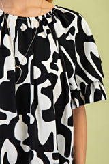 Geometric Print Loose Fit Mini Dress With Gathered Balloon Sleeves | Mixtshop LLC
