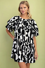 Geometric Print Loose Fit Mini Dress With Gathered Balloon Sleeves | Mixtshop LLC