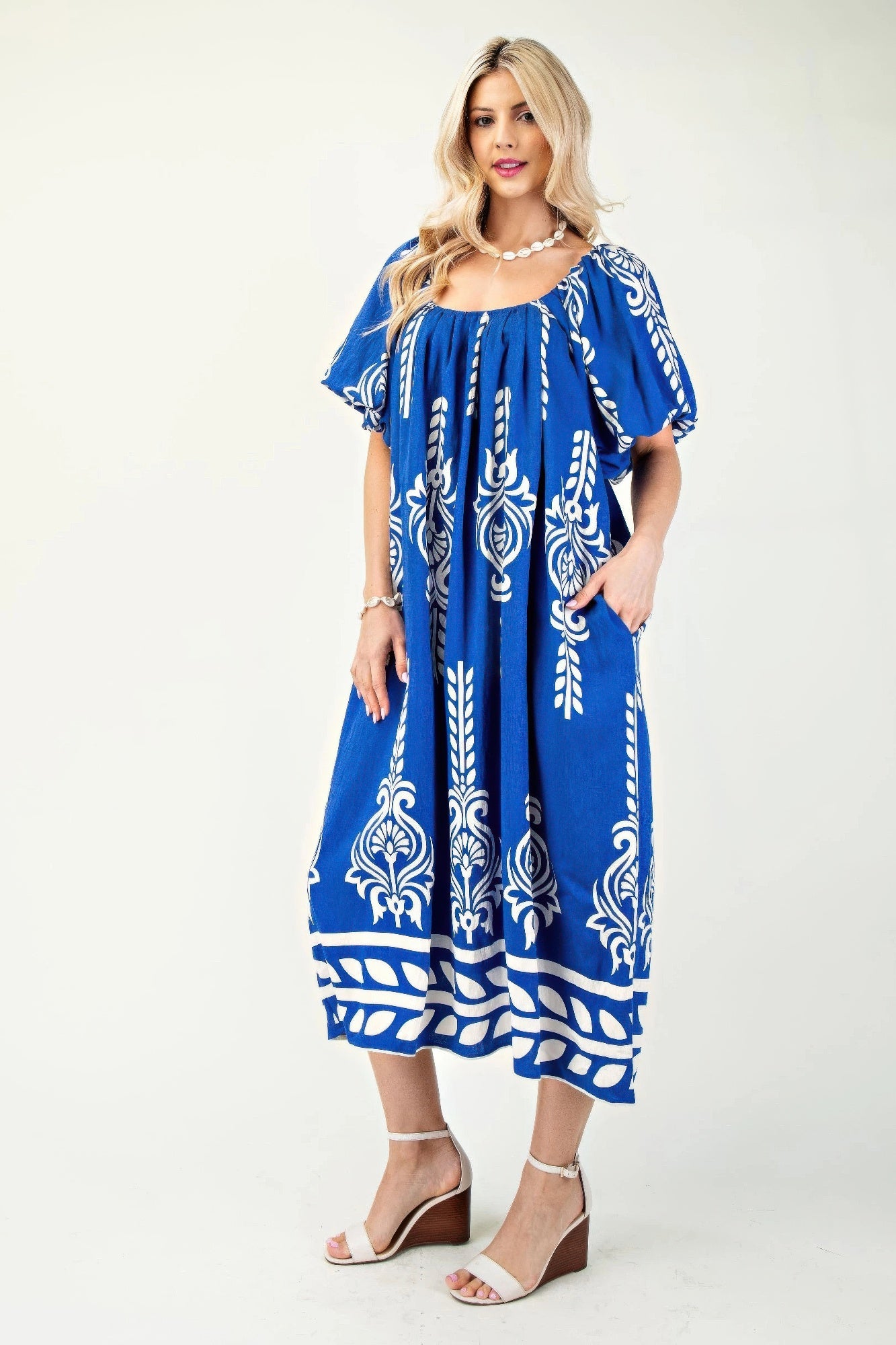 Printed Midi Dress With Short Puff Sleeves | Mixtshop LLC