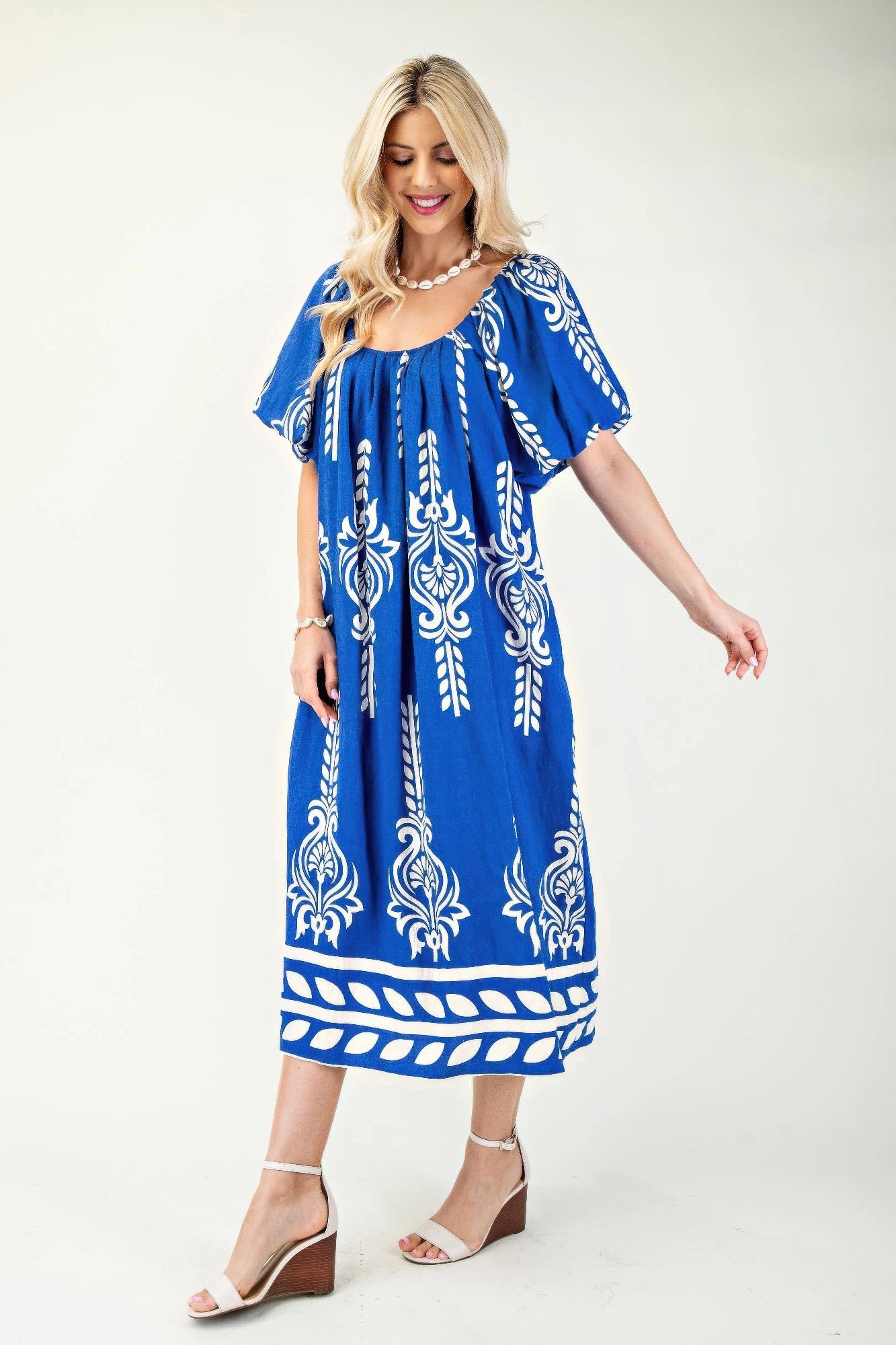 Printed Midi Dress With Short Puff Sleeves | Mixtshop LLC