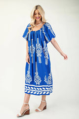 Printed Midi Dress With Short Puff Sleeves | Mixtshop LLC