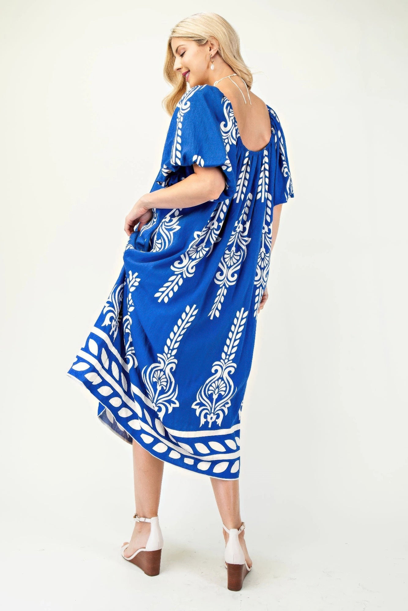 Printed Midi Dress With Short Puff Sleeves | Mixtshop LLC