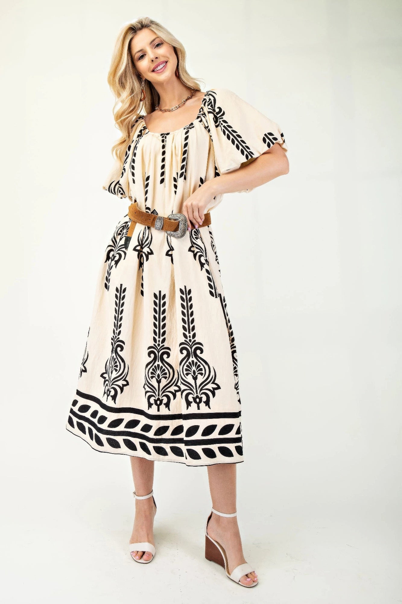 Printed Midi Dress With Short Puff Sleeves | Mixtshop LLC