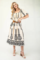Printed Midi Dress With Short Puff Sleeves | Mixtshop LLC