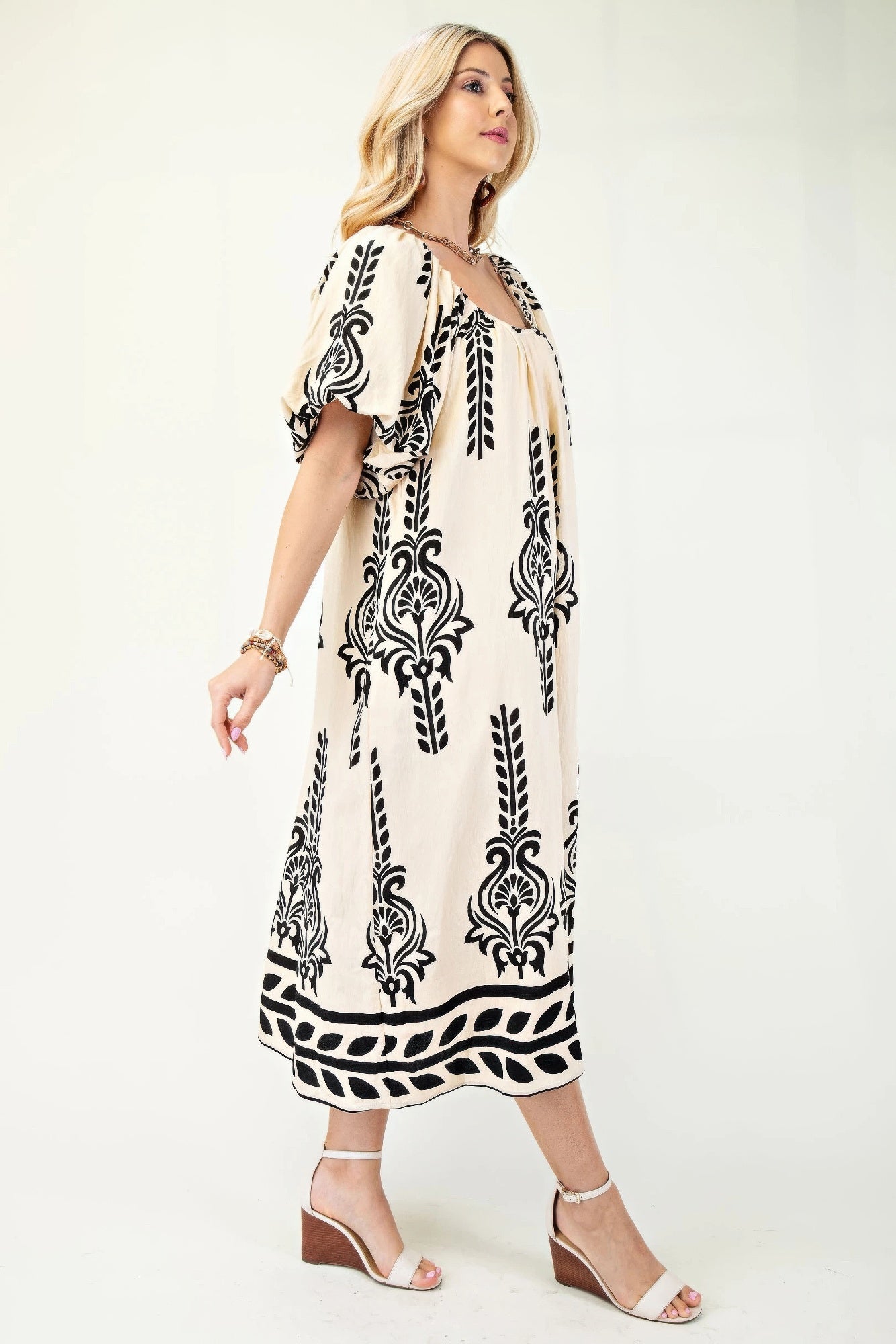 Printed Midi Dress With Short Puff Sleeves | Mixtshop LLC