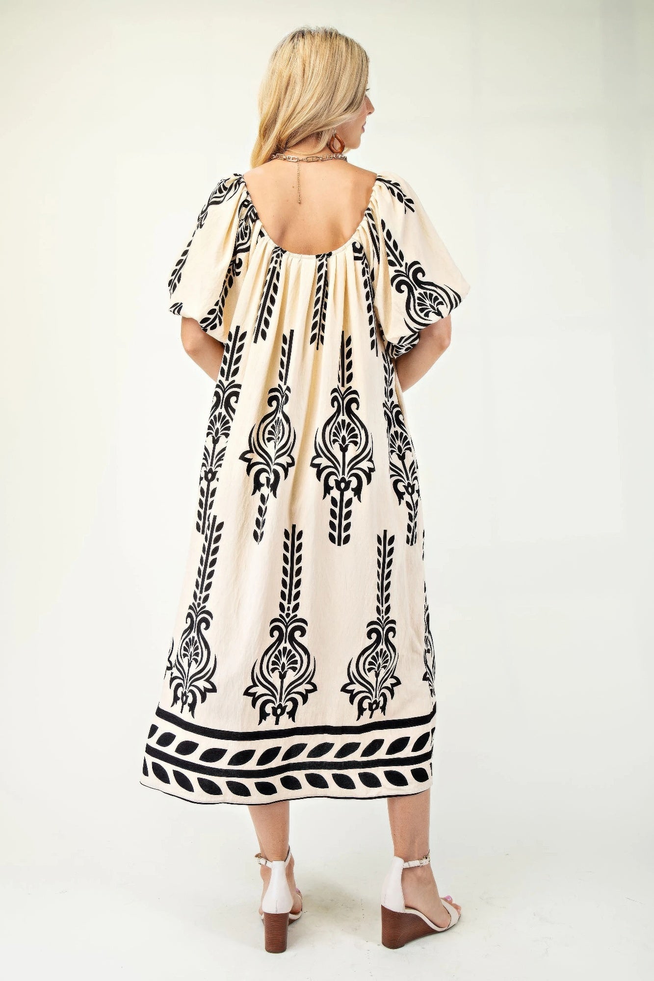 Printed Midi Dress With Short Puff Sleeves | Mixtshop LLC