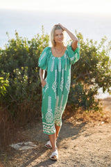 Printed Midi Dress With Short Puff Sleeves | Mixtshop LLC