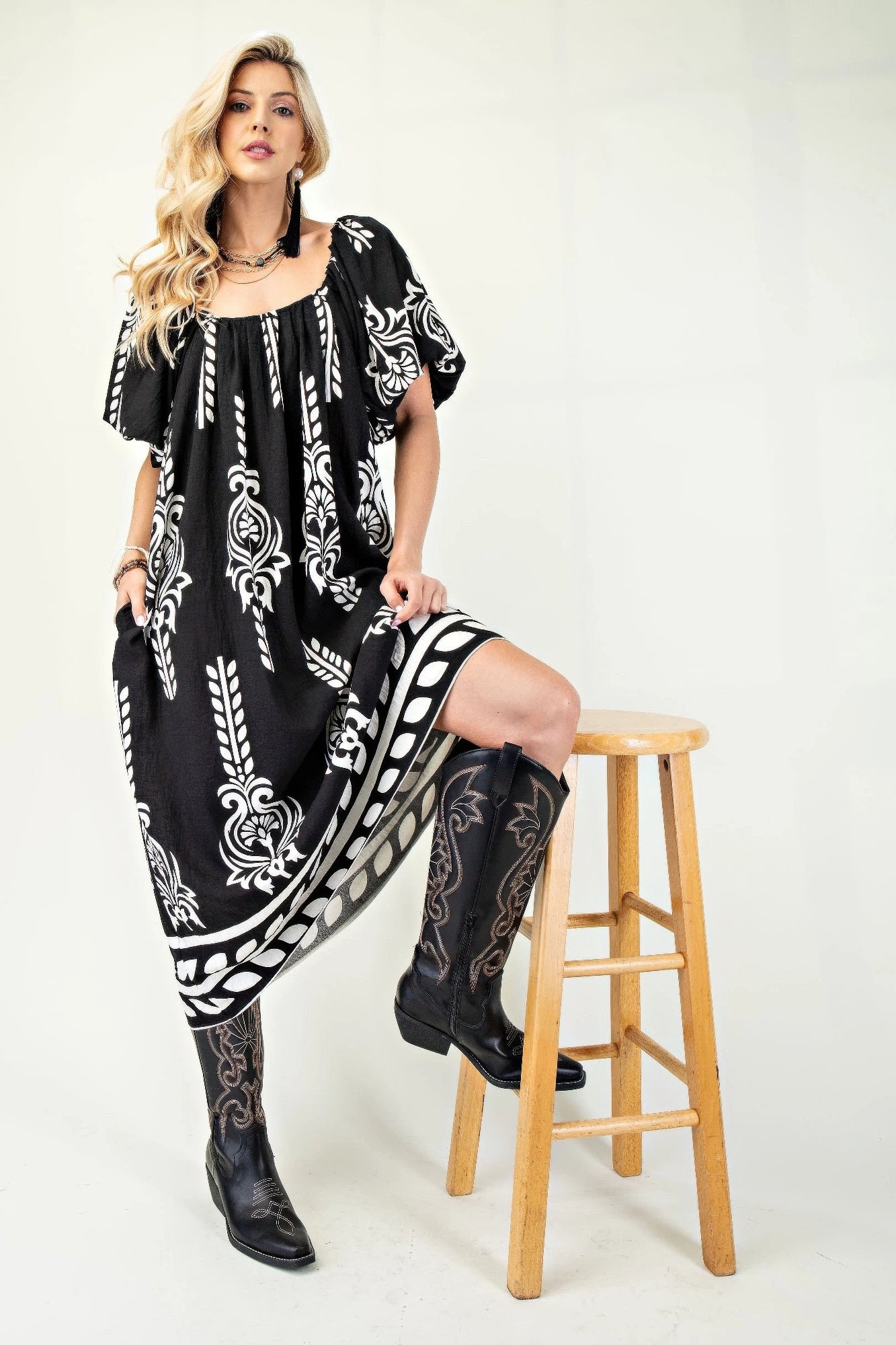 Printed Midi Dress With Short Puff Sleeves | Mixtshop LLC