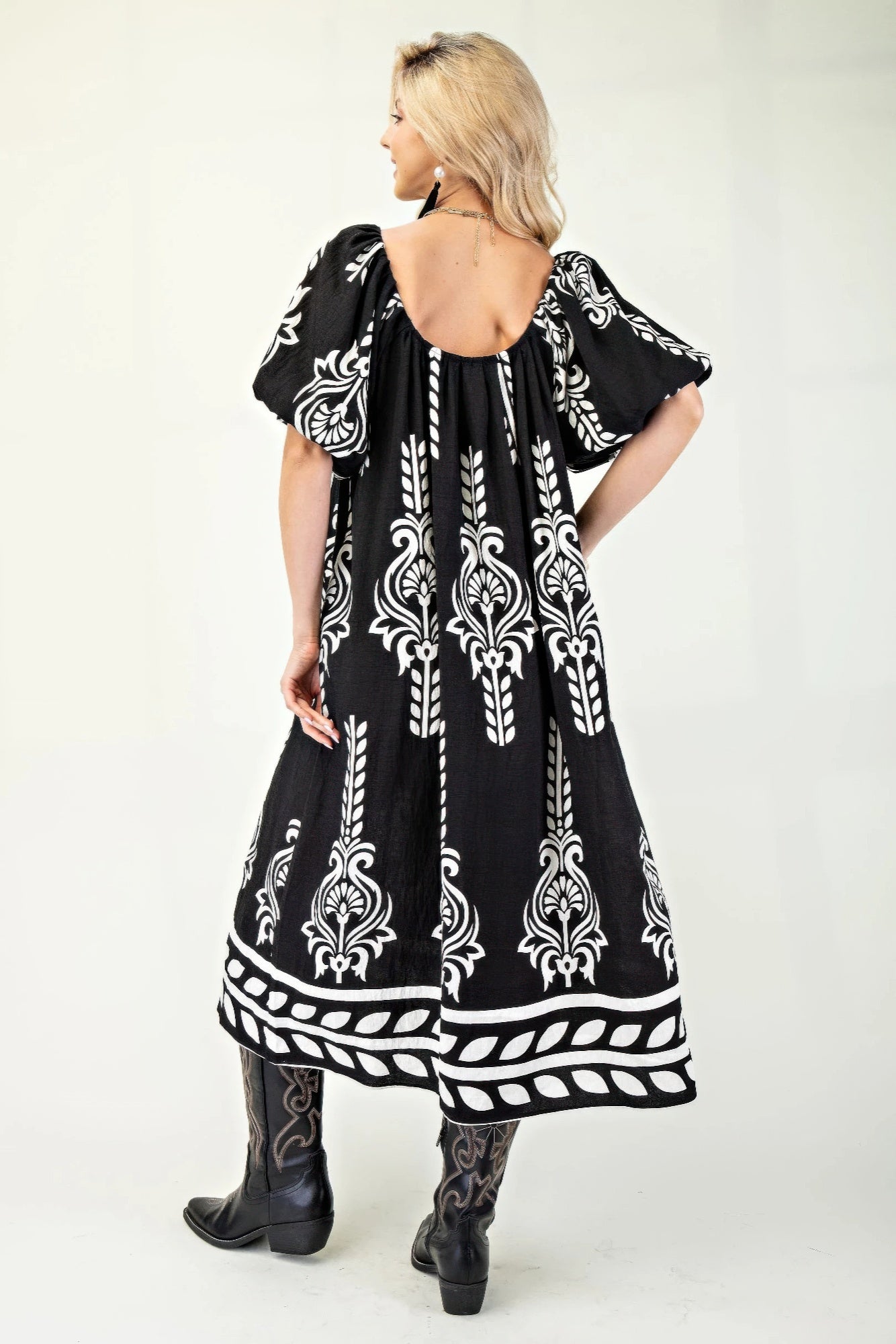 Printed Midi Dress With Short Puff Sleeves | Mixtshop LLC