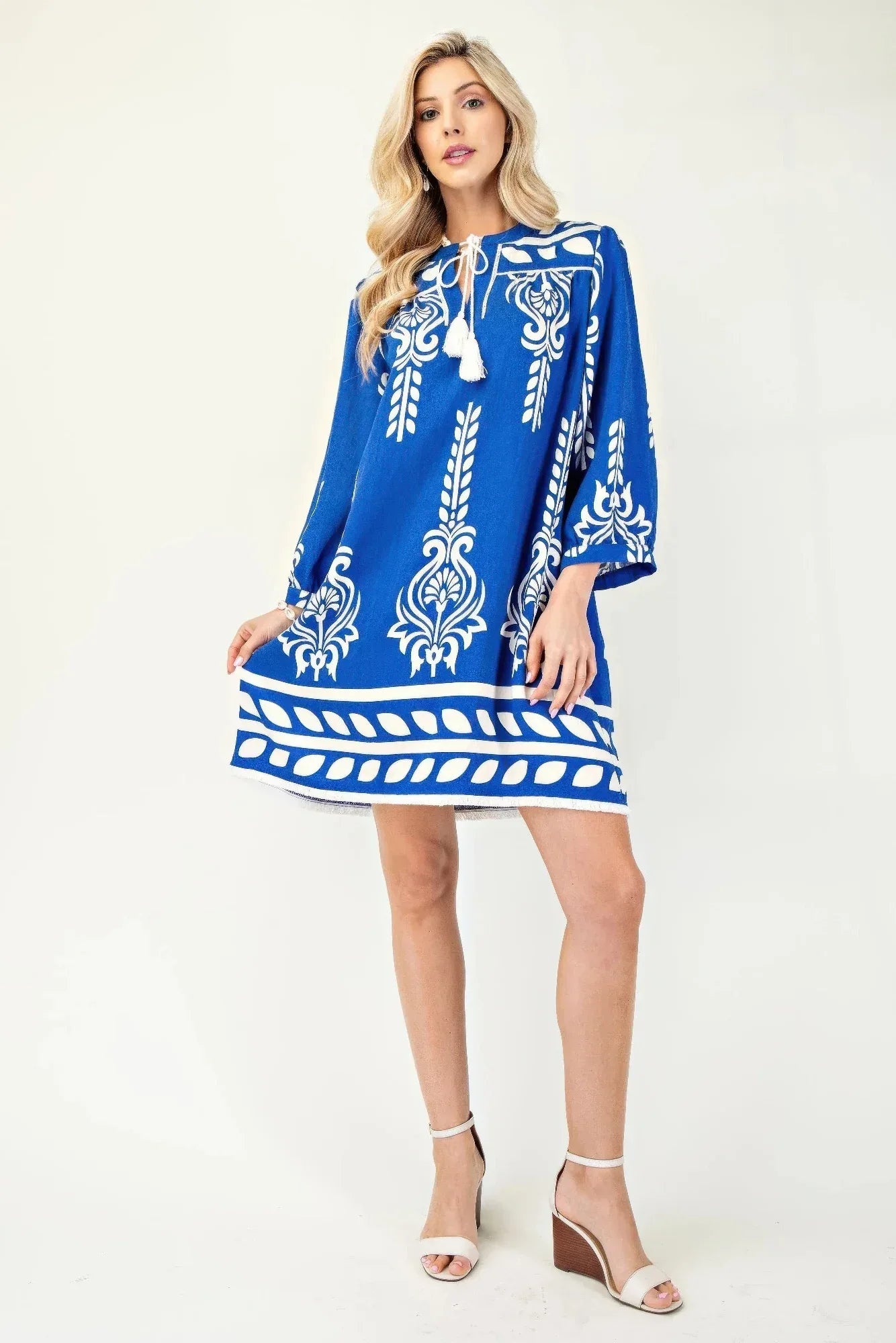 Printed 3/4 Sleeve Dress With Tassel Tie And Fringe Detail On Hem Secondary image