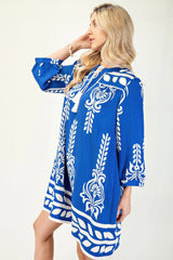 Printed 3/4 Sleeve Dress With Tassel Tie And Fringe Detail On Hem | Mixtshop LLC