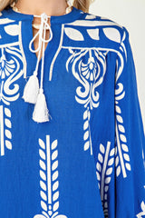 Printed 3/4 Sleeve Dress With Tassel Tie And Fringe Detail On Hem | Mixtshop LLC