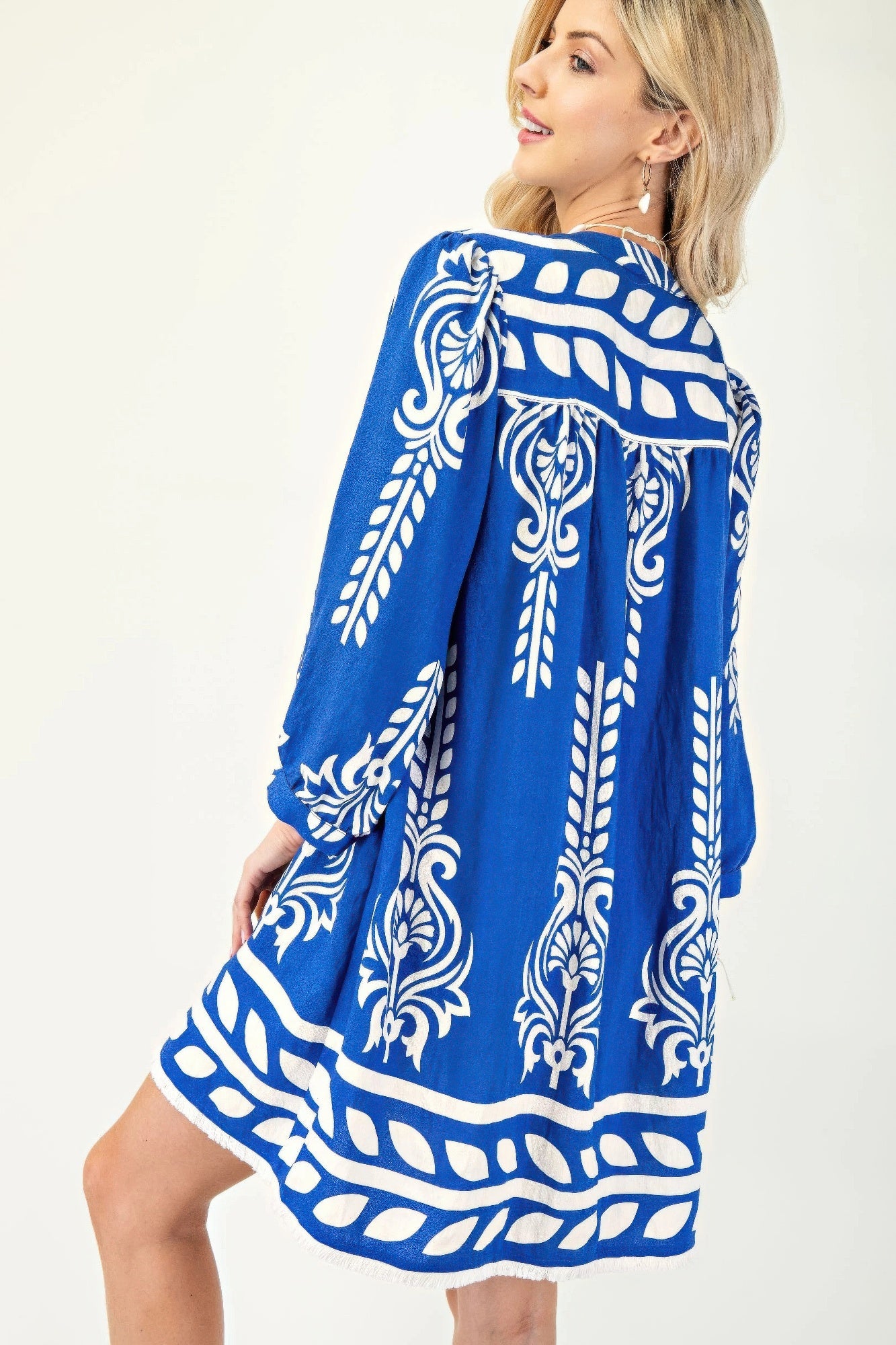 Printed 3/4 Sleeve Dress With Tassel Tie And Fringe Detail On Hem | Mixtshop LLC