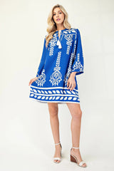 Printed 3/4 Sleeve Dress With Tassel Tie And Fringe Detail On Hem | Mixtshop LLC
