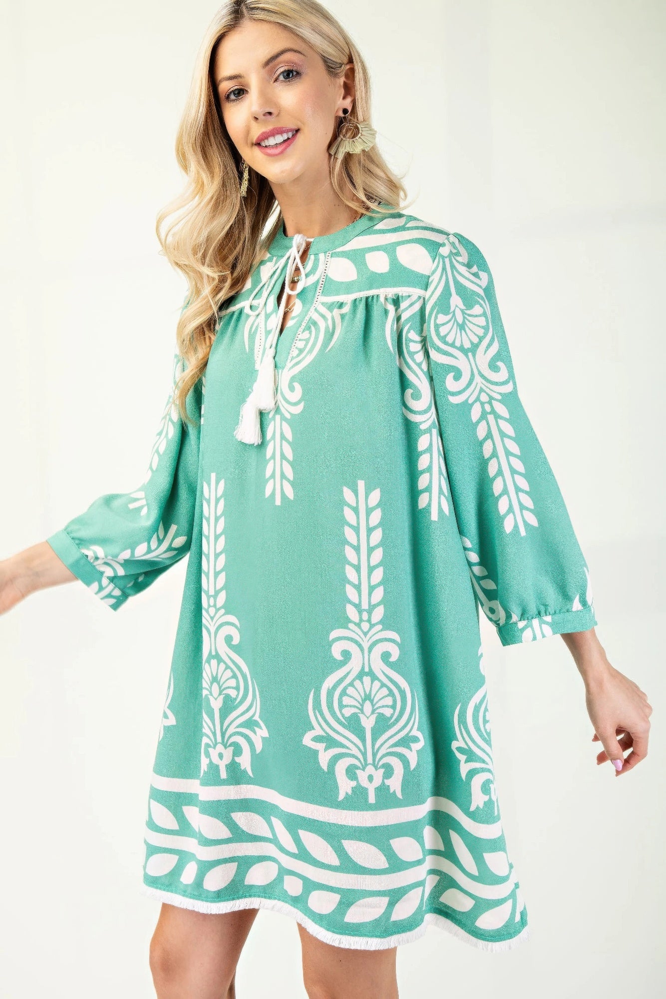 Printed 3/4 Sleeve Dress With Tassel Tie And Fringe Detail On Hem | Mixtshop LLC