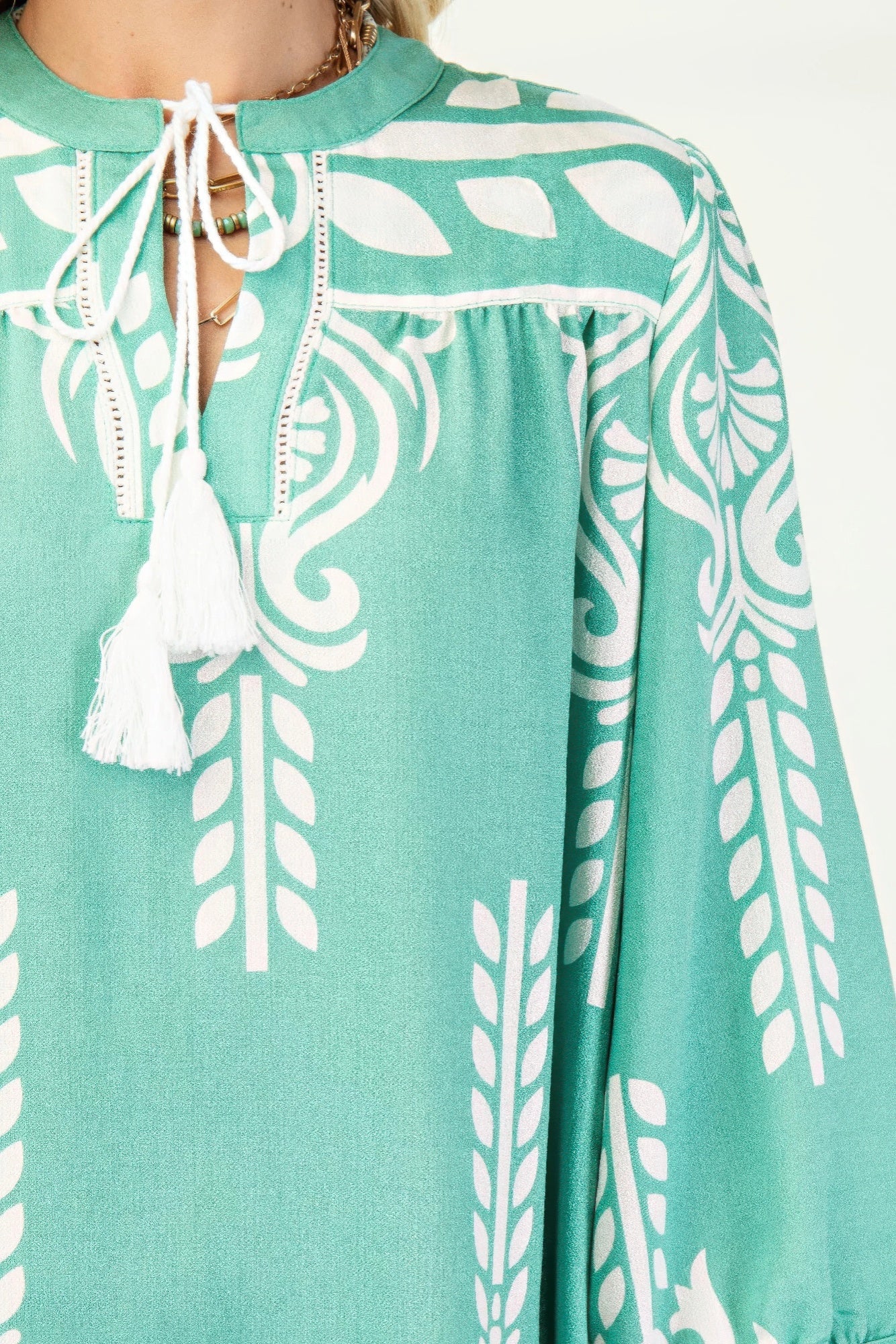 Printed 3/4 Sleeve Dress With Tassel Tie And Fringe Detail On Hem | Mixtshop LLC