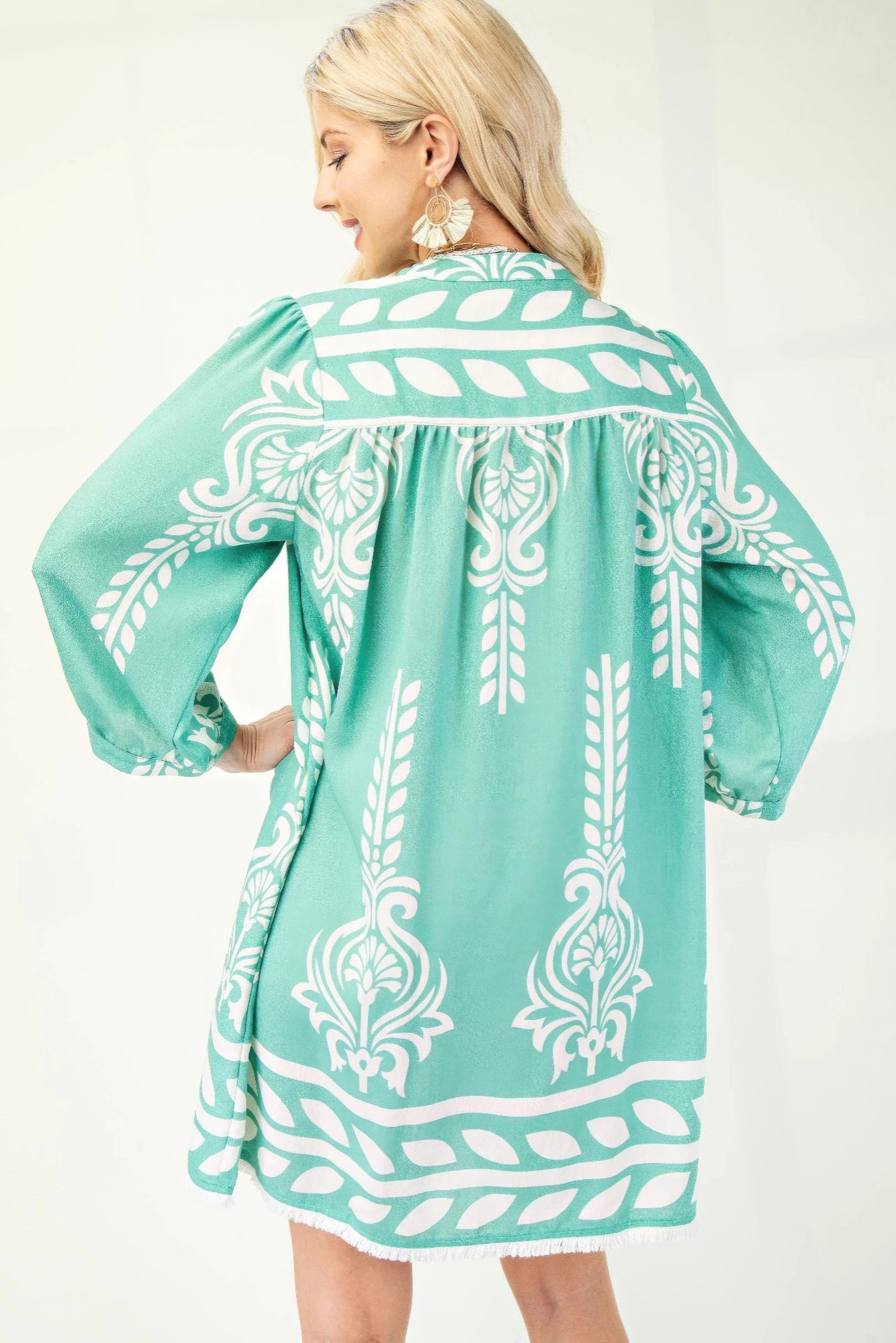 Printed 3/4 Sleeve Dress With Tassel Tie And Fringe Detail On Hem | Mixtshop LLC