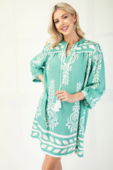 Printed 3/4 Sleeve Dress With Tassel Tie And Fringe Detail On Hem | Mixtshop LLC