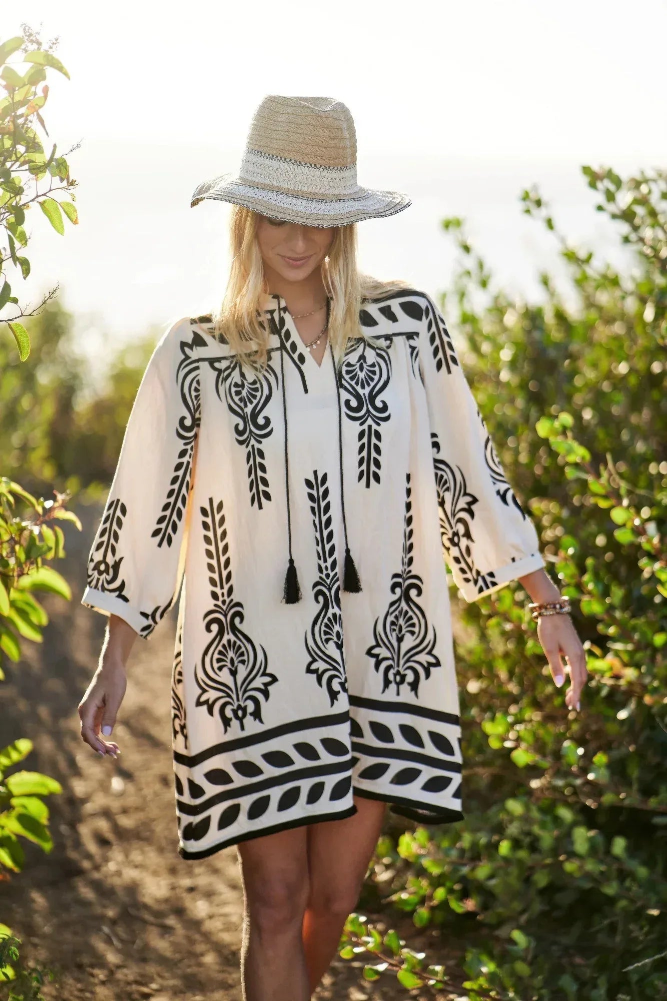 Printed 3/4 Sleeve Dress With Tassel Tie And Fringe Detail On Hem Secondary image