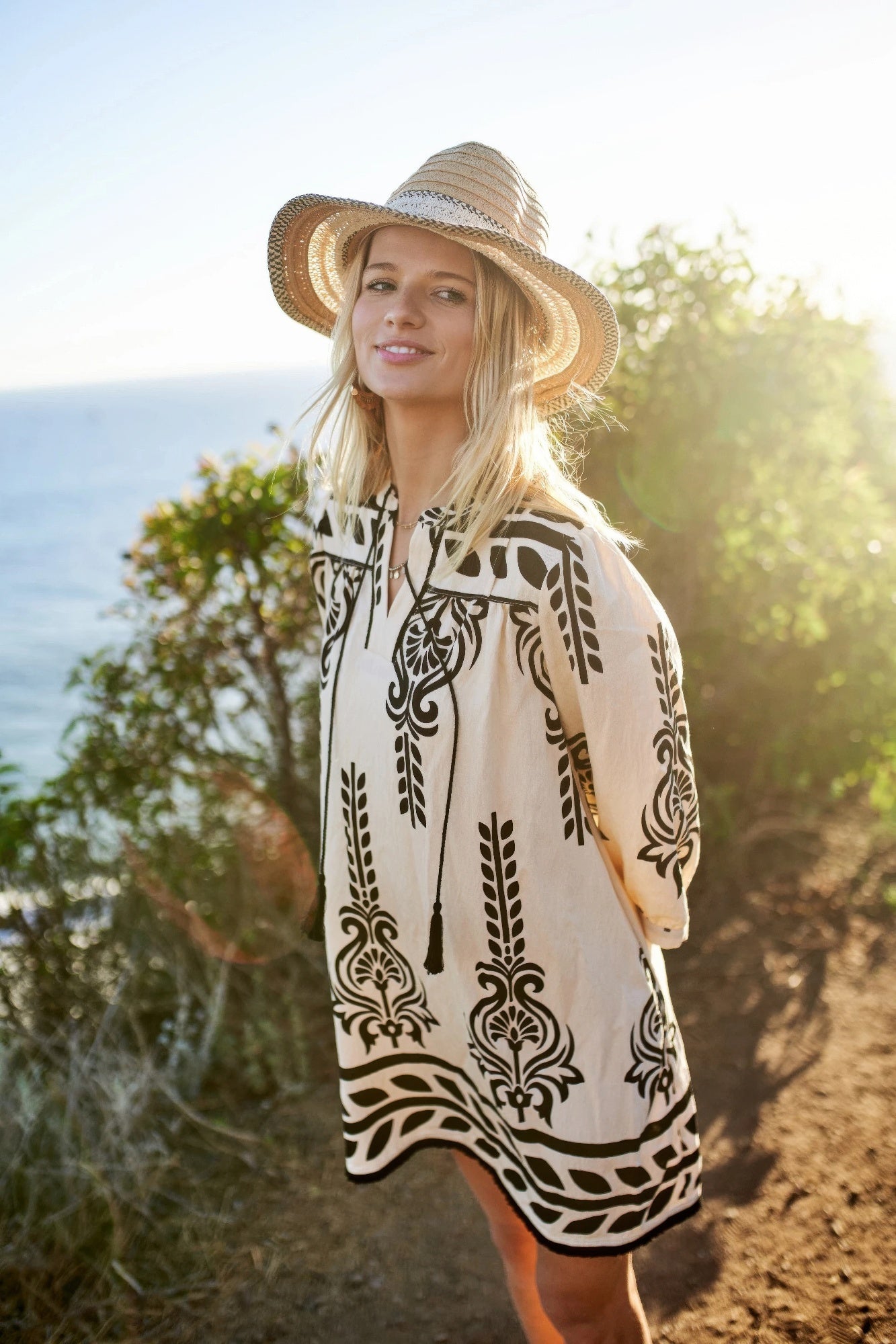 Printed 3/4 Sleeve Dress With Tassel Tie And Fringe Detail On Hem | Mixtshop LLC