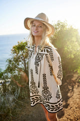 Printed 3/4 Sleeve Dress With Tassel Tie And Fringe Detail On Hem | Mixtshop LLC