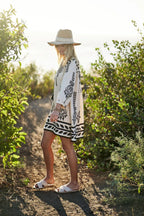 Printed 3/4 Sleeve Dress With Tassel Tie And Fringe Detail On Hem | Mixtshop LLC