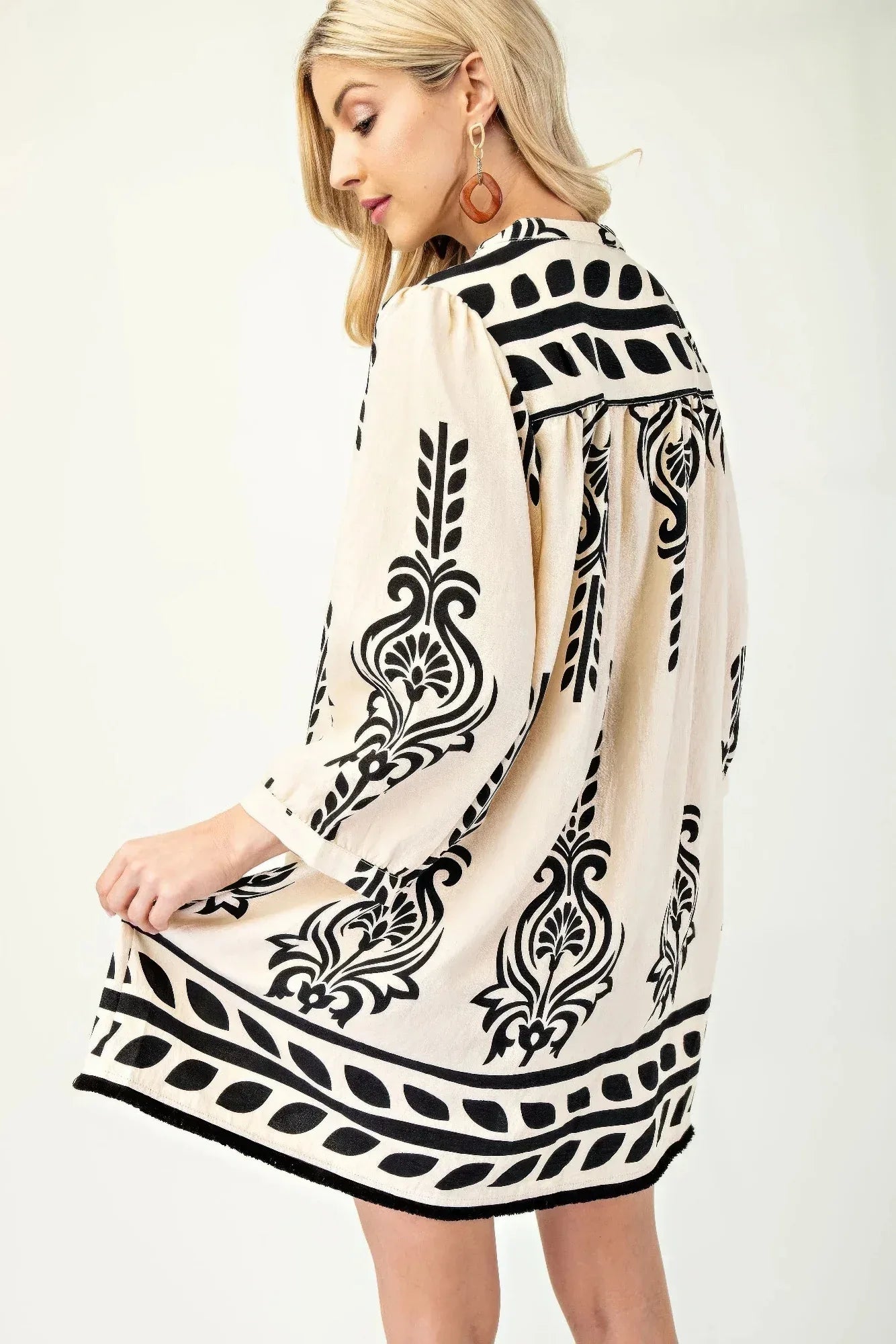 Printed 3/4 Sleeve Dress With Tassel Tie And Fringe Detail On Hem | Mixtshop LLC