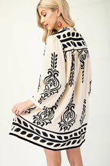 Printed 3/4 Sleeve Dress With Tassel Tie And Fringe Detail On Hem | Mixtshop LLC