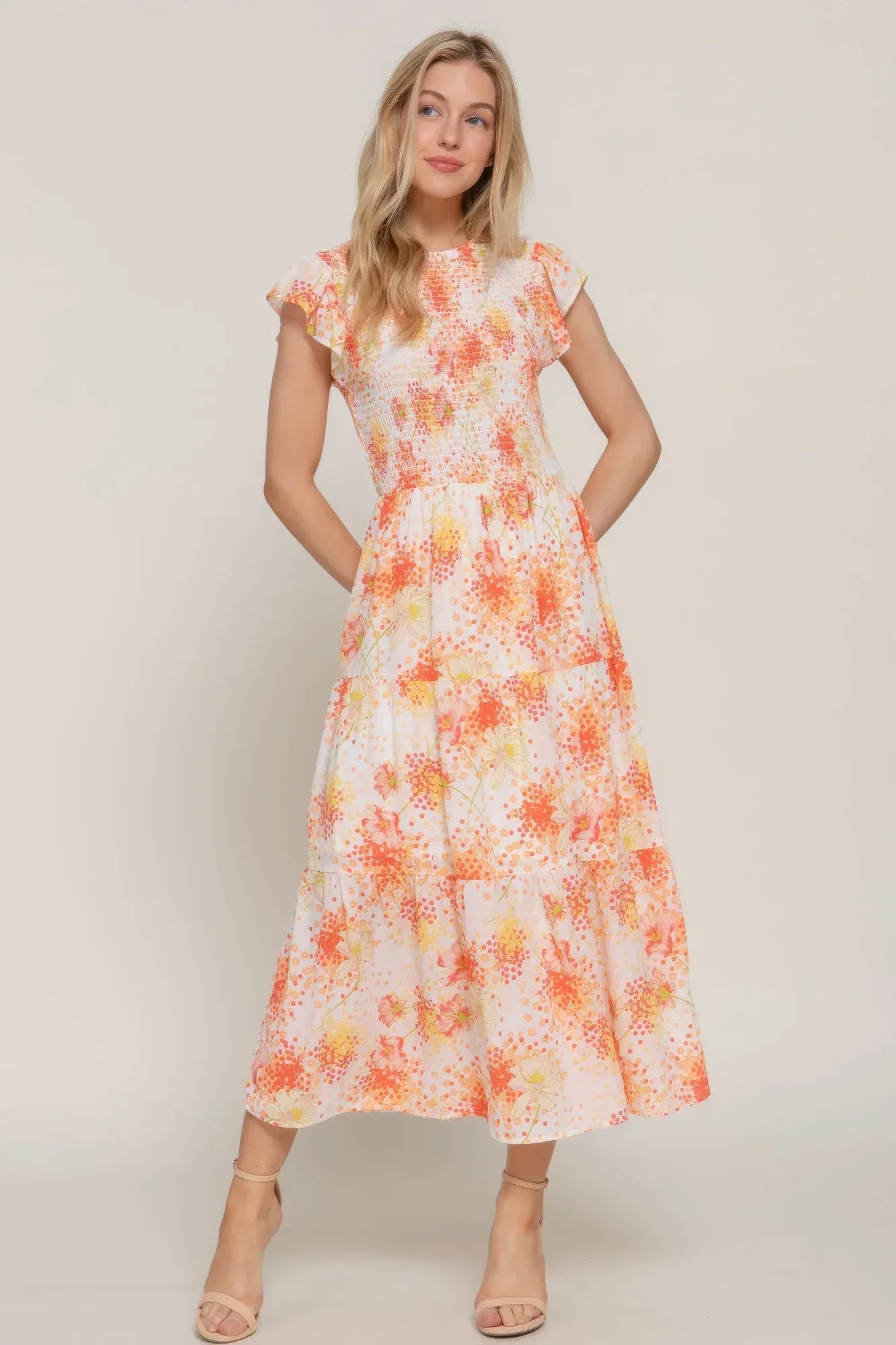 Ruffl Slv Smocked Floral Print Dresss | Mixtshop LLC Main image