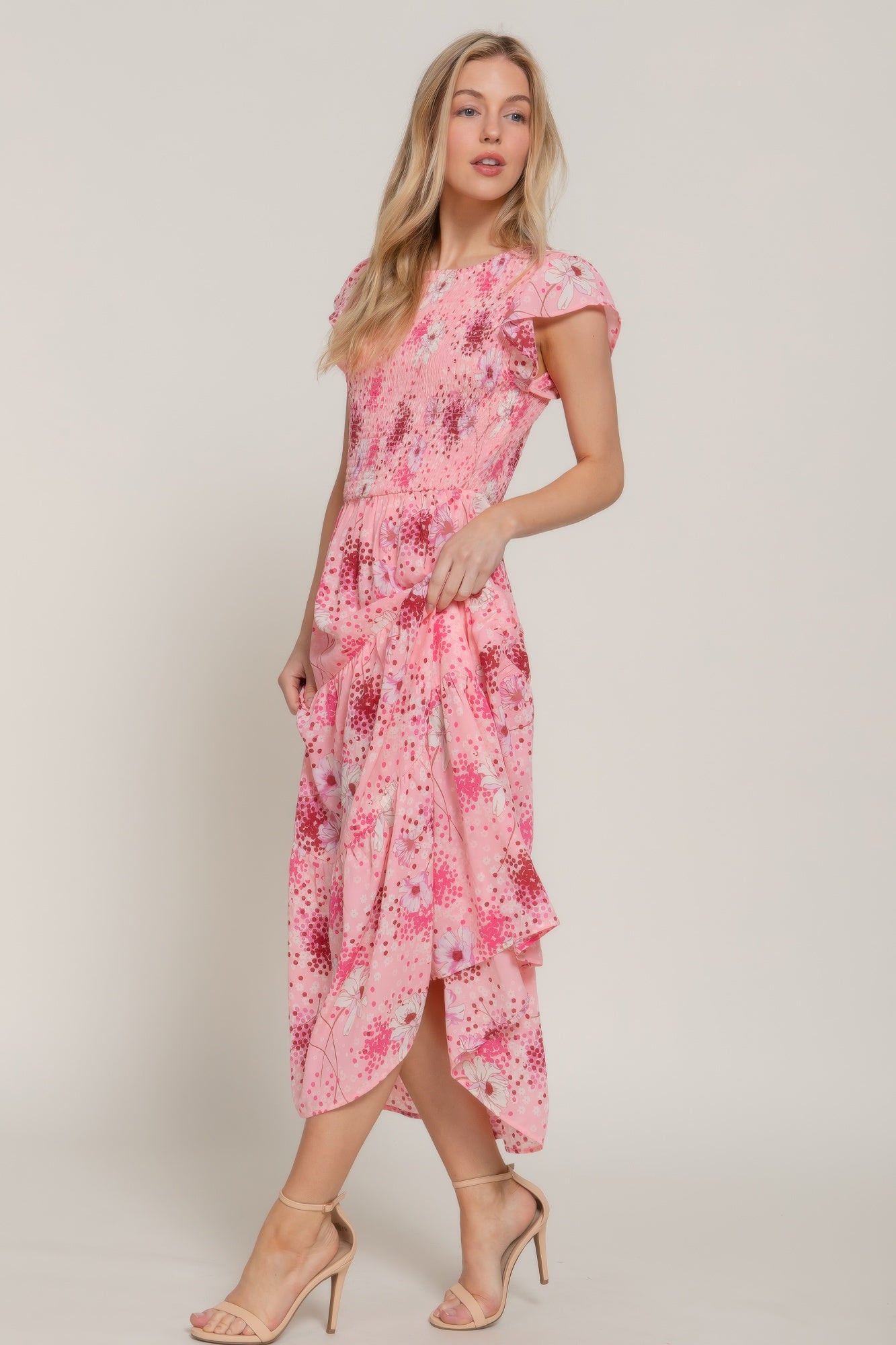 Ruffl Slv Smocked Floral Print Dresss | Mixtshop LLC