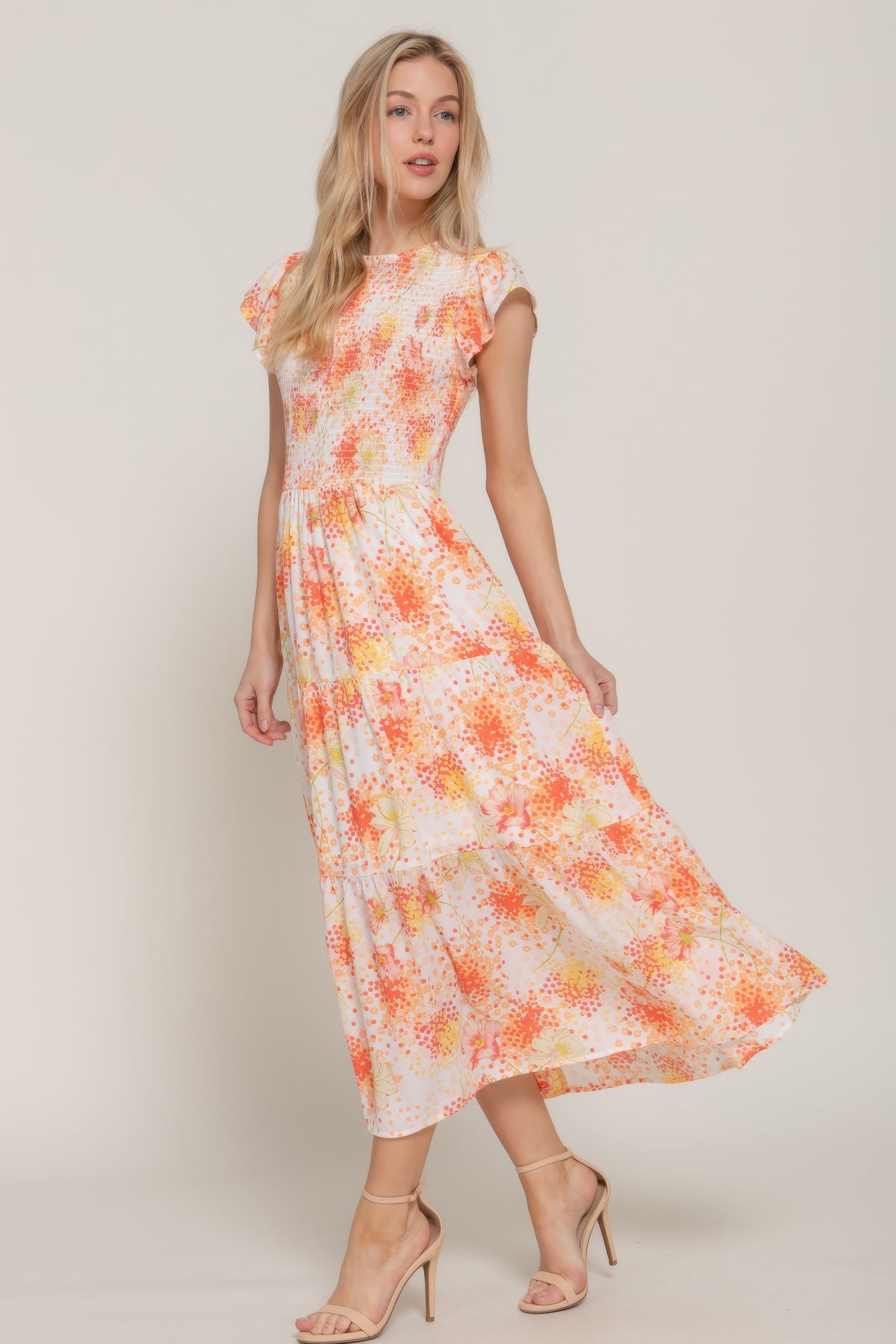 Ruffl Slv Smocked Floral Print Dresss | Mixtshop LLC