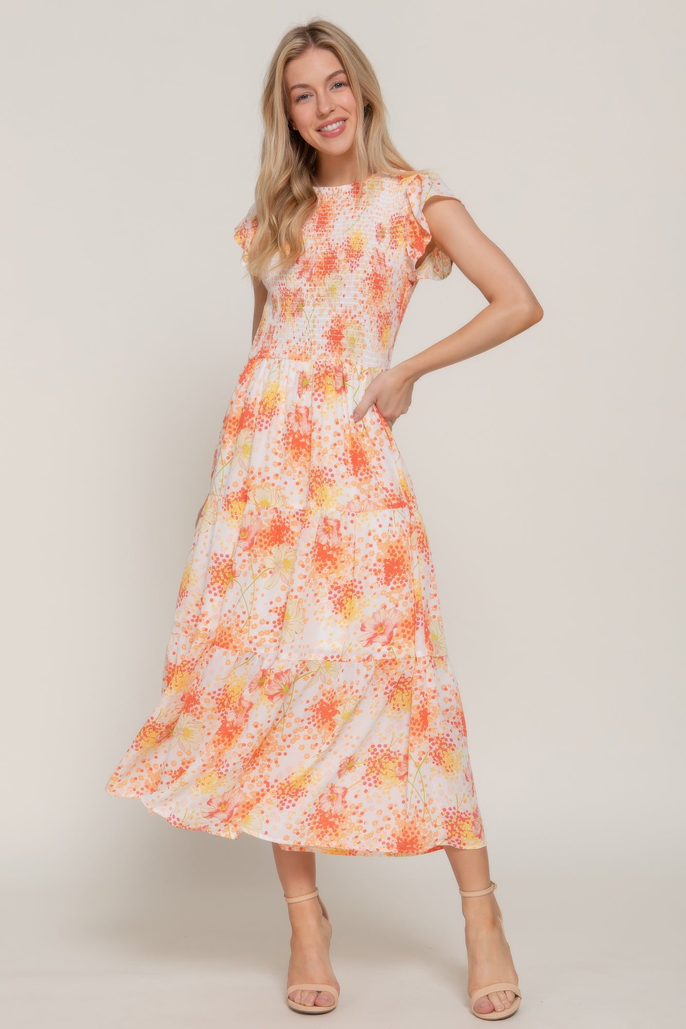 Ruffl Slv Smocked Floral Print Dresss | Mixtshop LLC