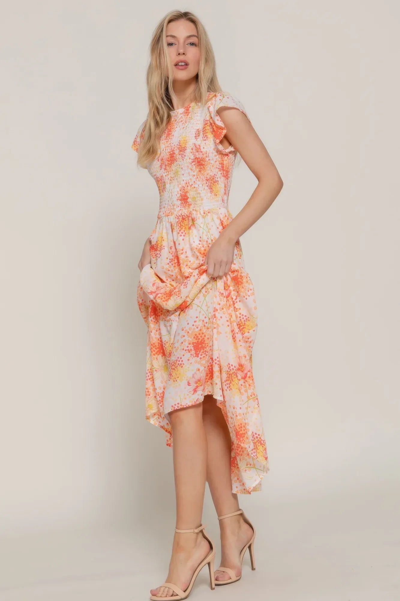 Ruffl Slv Smocked Floral Print Dresss | Mixtshop LLC