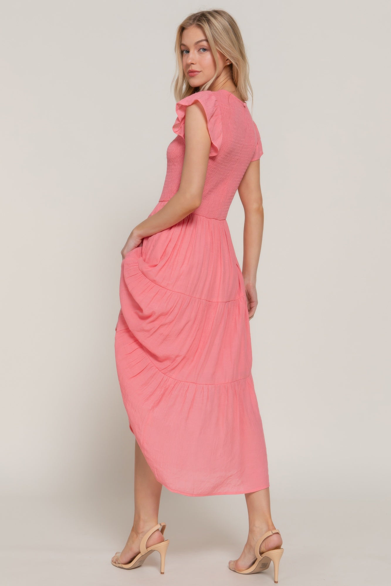Ruffle Slv Smocked Solid Tired Dress | Mixtshop LLC