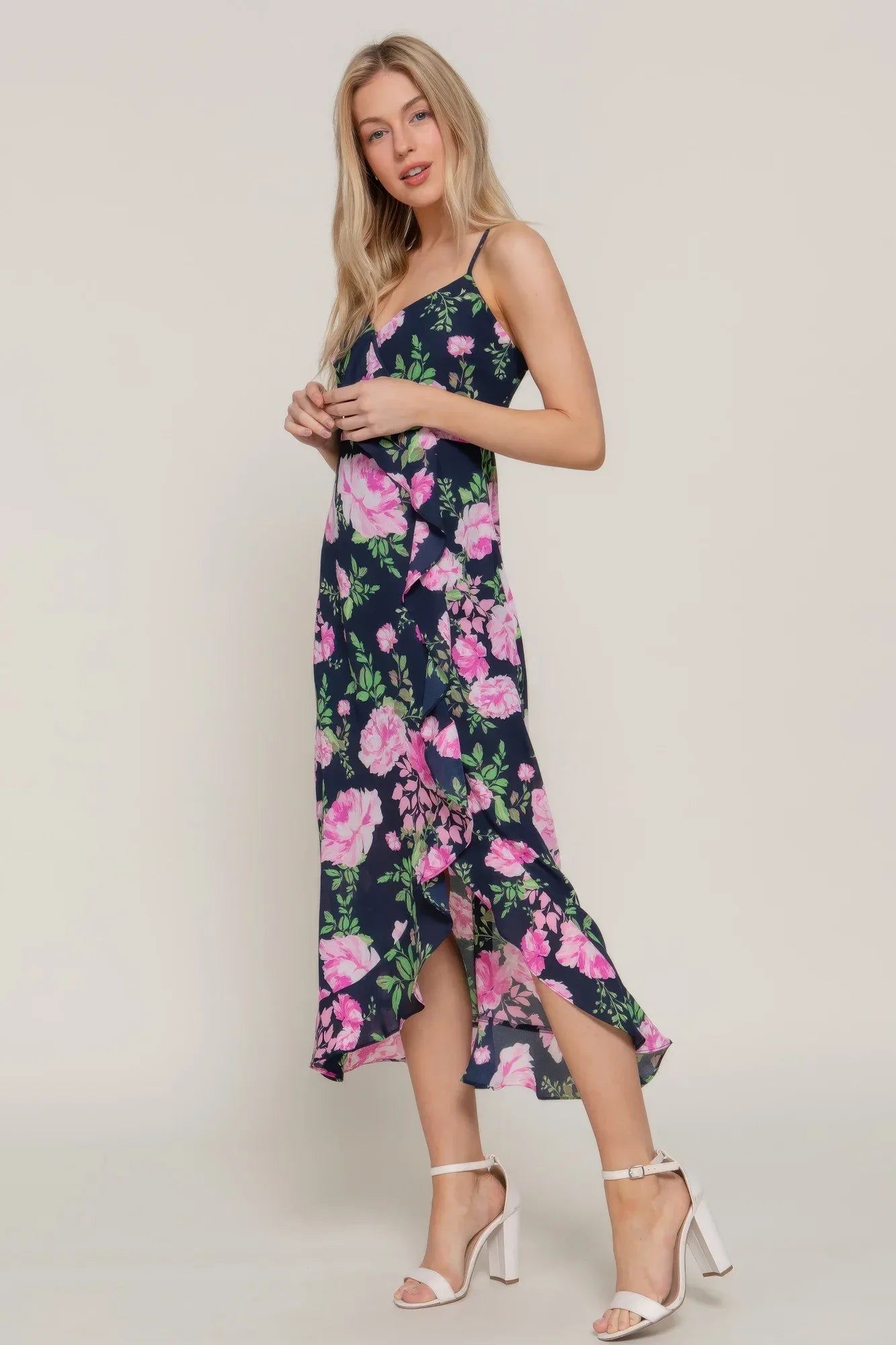 Floral Print Ruffle Slip Midi Dress | Mixtshop LLC