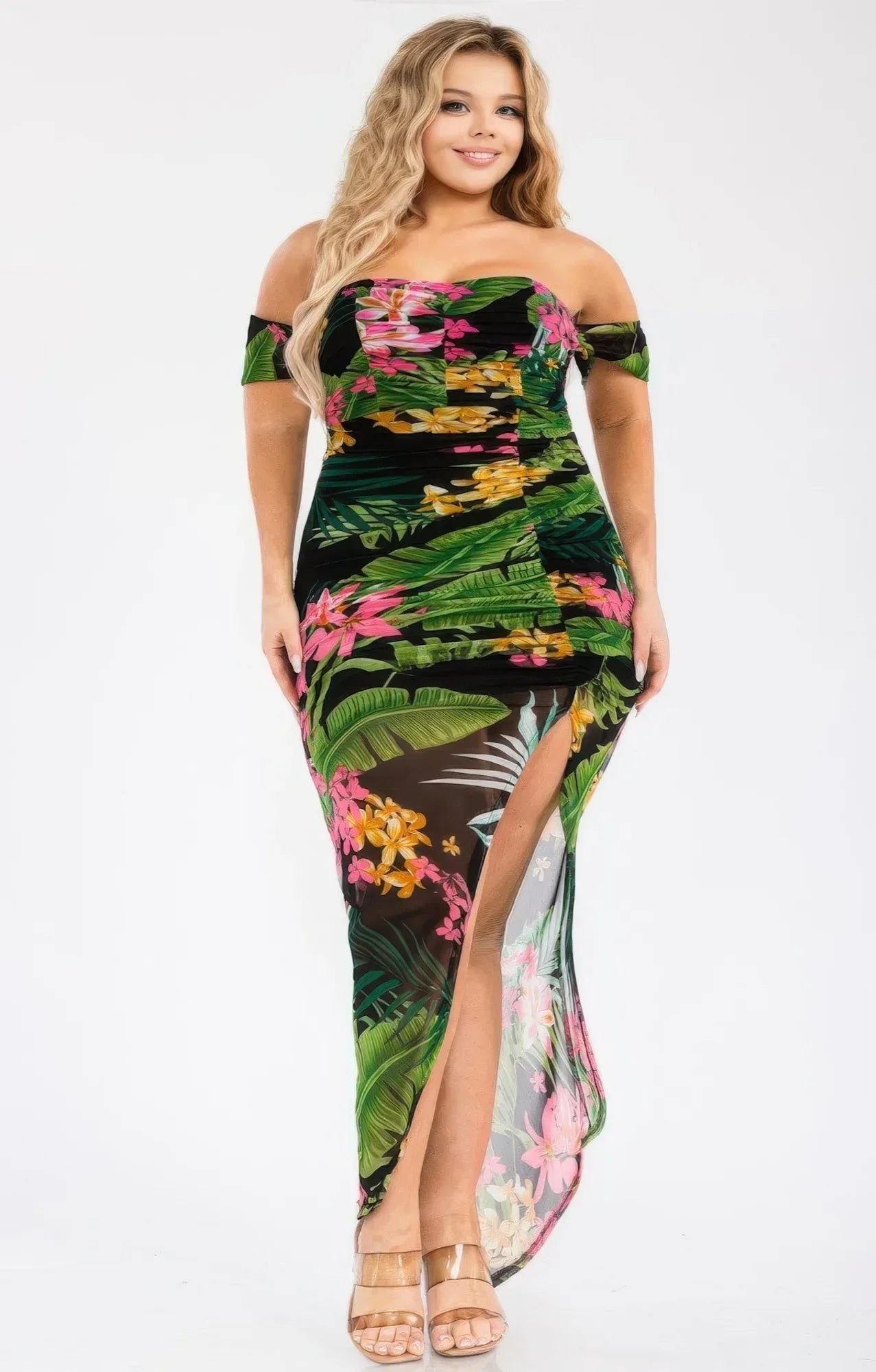 Plus Tropical Off Shoulder Draped Slv Maxi Dress | Mixtshop LLC Main image