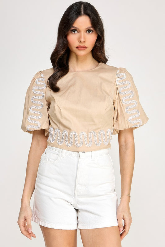 Puff Bubble Sleeve Top With Embroidery Detail | Mixtshop LLC