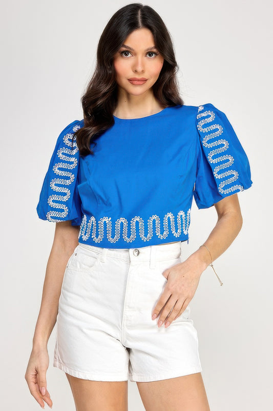Puff Bubble Sleeve Top With Embroidery Detail | Mixtshop LLC